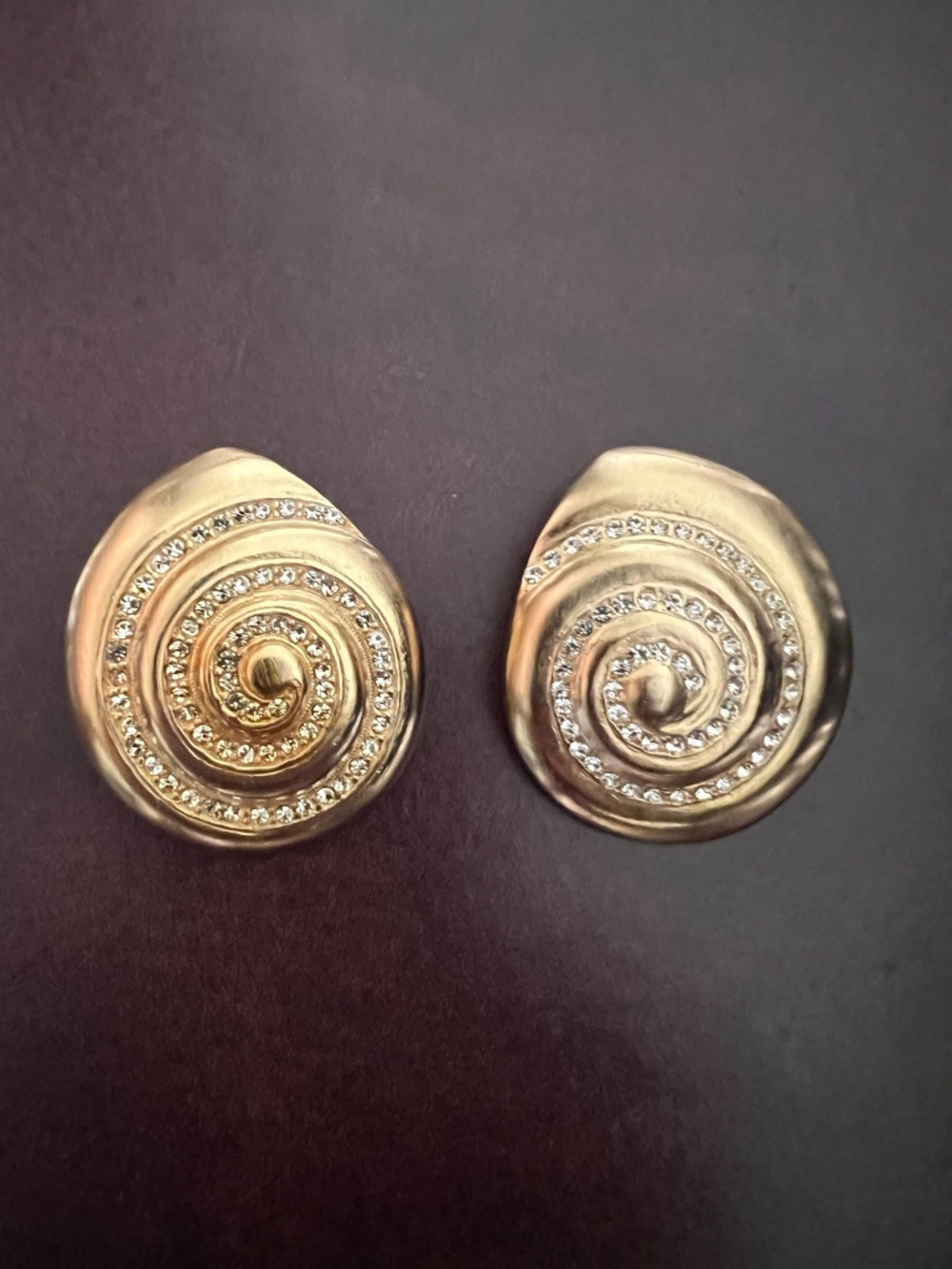 Vintage Gold Tone Spiral Dome Clip On Earrings With Clear Crystal Swirls